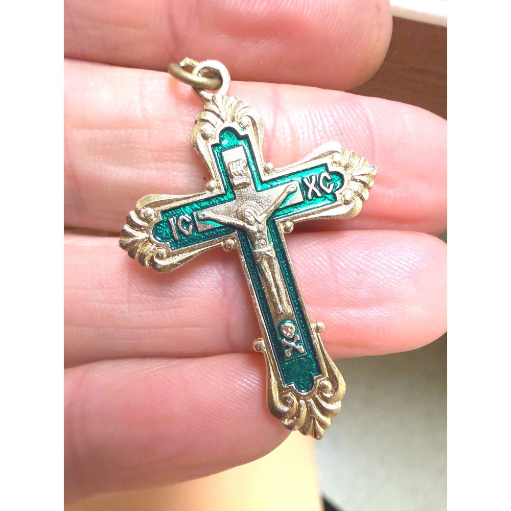 Vintage Russian Orthodox Crucifix Cross Pendant Green Enamel IC XC Save Protect